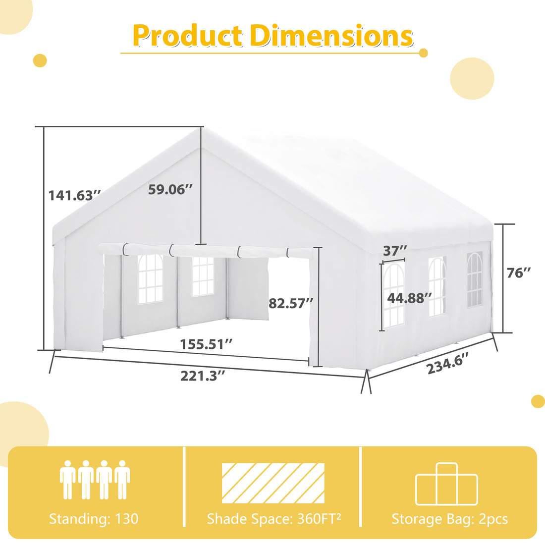 20X20Ft Party Tent Heavy Duty, Large Wedding Event Shelters With 2 Storage Bags & Removable Sidewalls, Outdoor Canopy Gazebo Commercial Tents For Parties Carport Camping Garden Patio White Metal