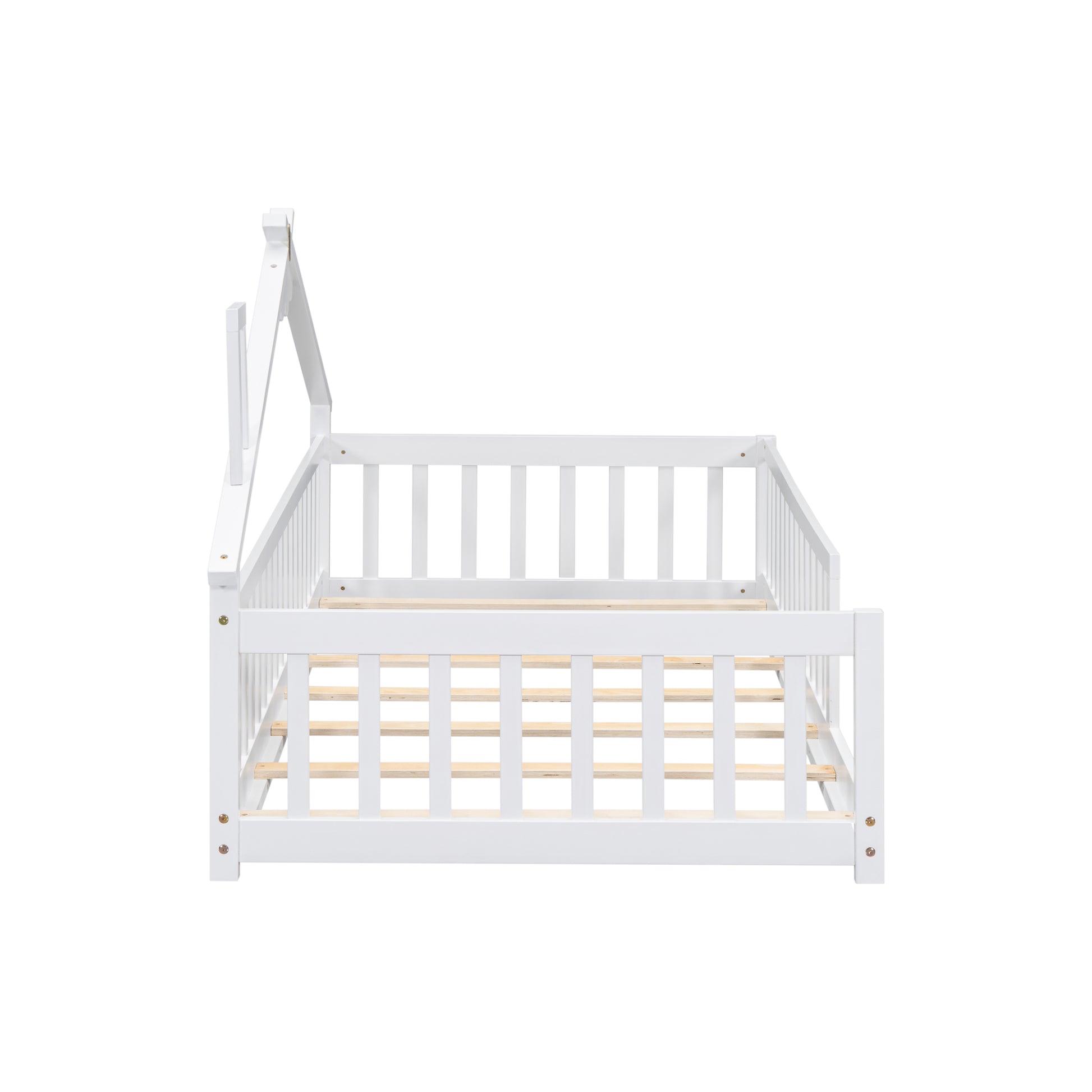 Twin House Shaped Bedside Floor Bed With Guardrails, Slats, Without Door,White Twin White American Design Pine