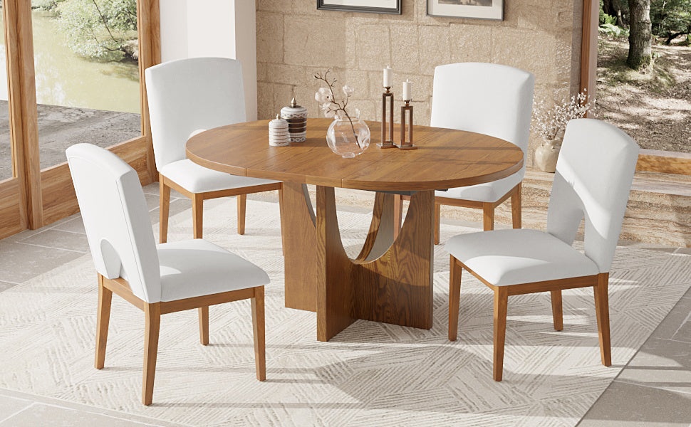 Modern 5 Piece Extendable Round Dining Table Set With 16.2Inch Removable Leaf For Small Places, Walnut Beige Wood Dining Room Solid Wood Rubberwood Round Dining Table With Chair Upholstered Chair Wood Walnut Seats 4 Removable Leaf Contemporary Round