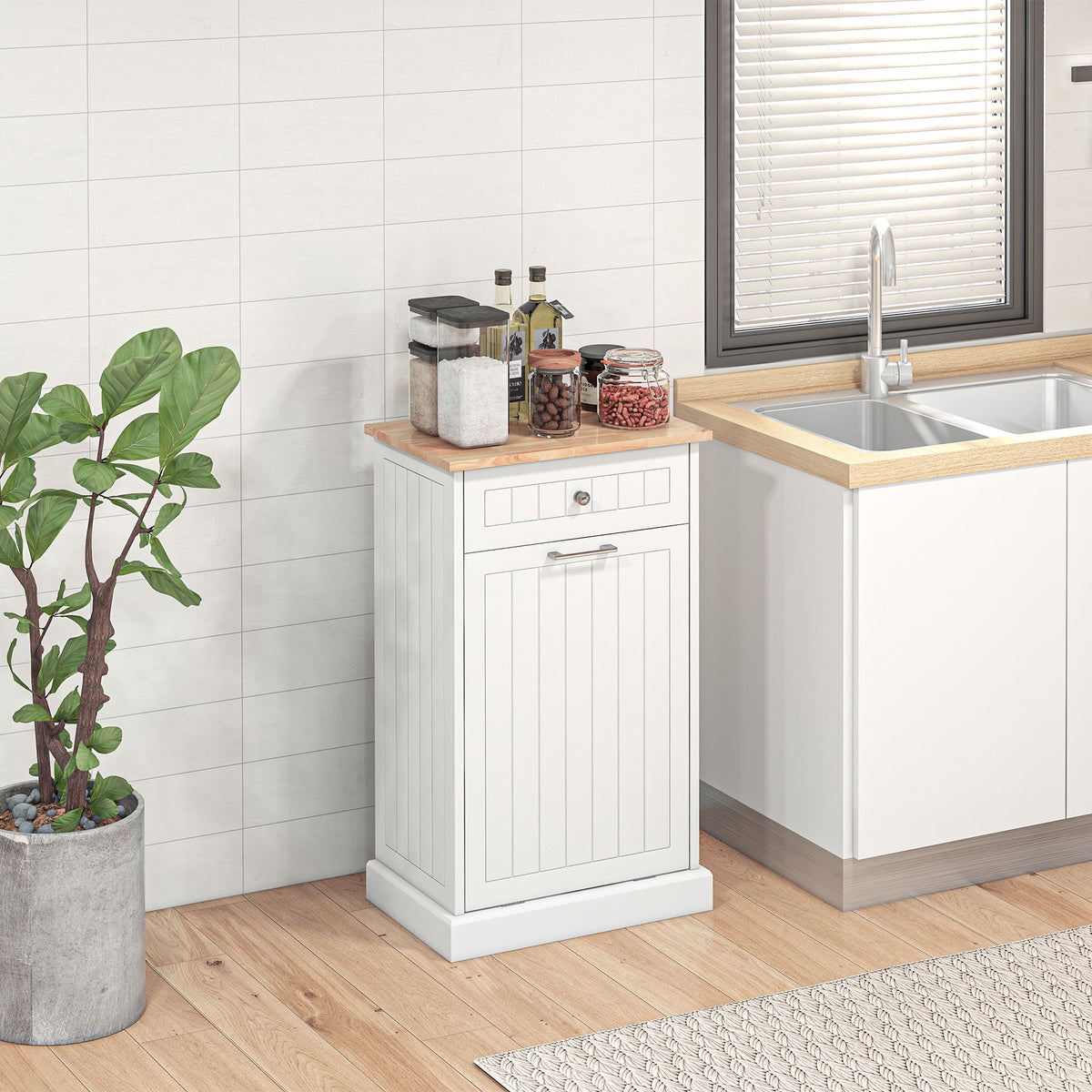 Homcom Kitchen Tilt Out Trash Bin Cabinet Free Standing Recycling Cabinet Trash Can Holder With Drawer, White White Mdf