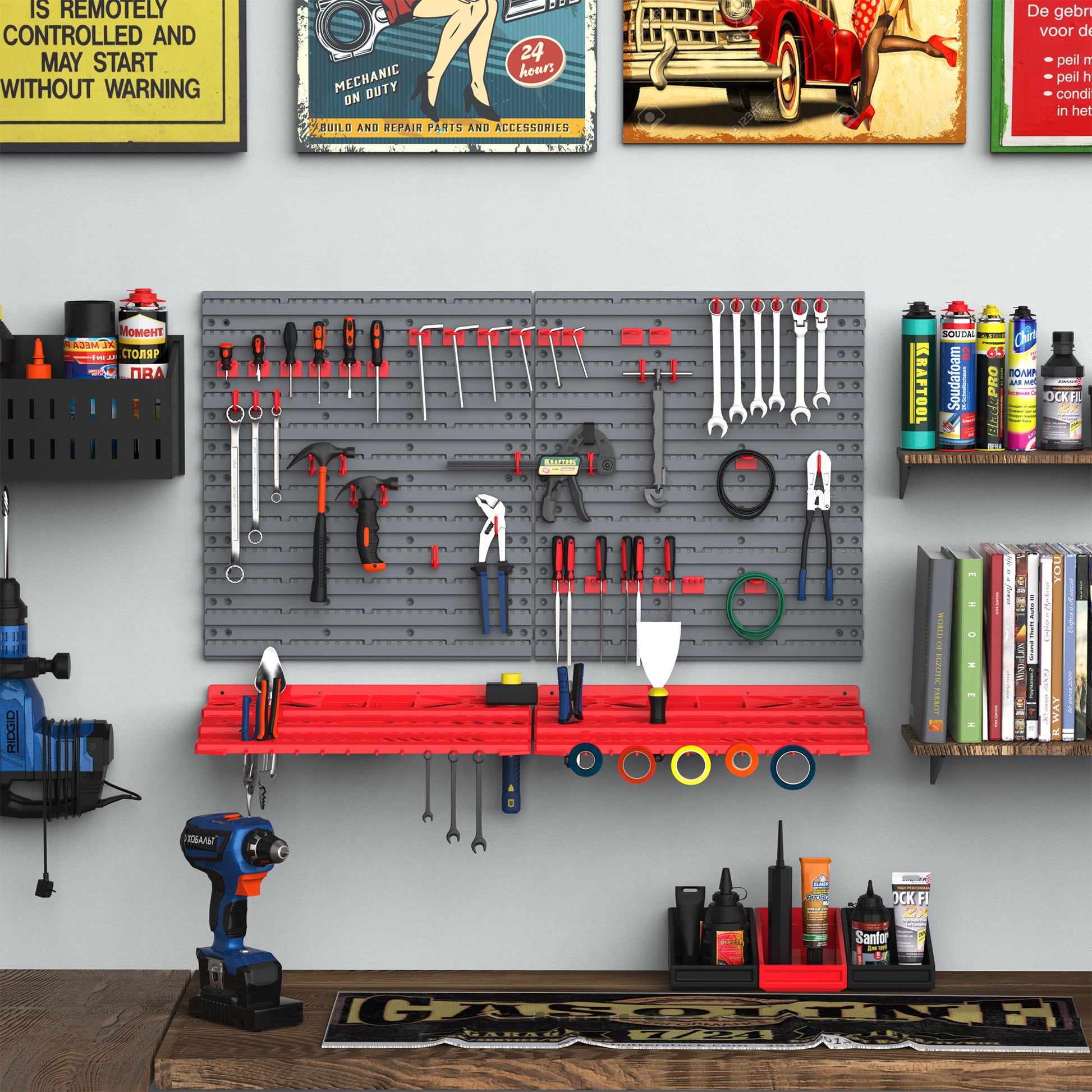 Durhand 54 Piece Pegboard And Shelf Tool Organizer Wall Mounted Diy Garage Storage With 50 Hooks Grey Plastic
