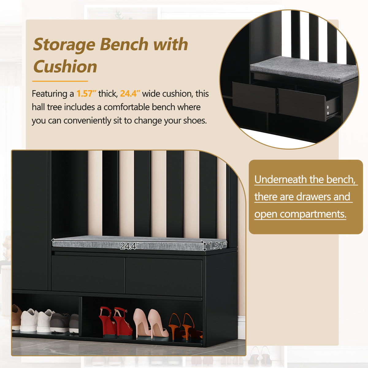Contemporary 39.3''Wx70.8''H Hall Tree Storage With Cushioned Storage Bench, Multifunctional Hallway Shoe Cabinet With Pegboard, Modern Coat Rack With 4 Hooks For Entryway, Mudroom, Black Black Mdf