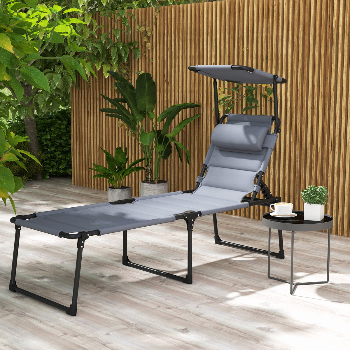 Outsunny Outdoor Lounge Chair, Adjustable Backrest Folding Chaise Lounge, Cushioned Tanning Chair W Sunshade Roof & Pillow Headrest For Beach, Camping, Hiking, Gray Grey Steel