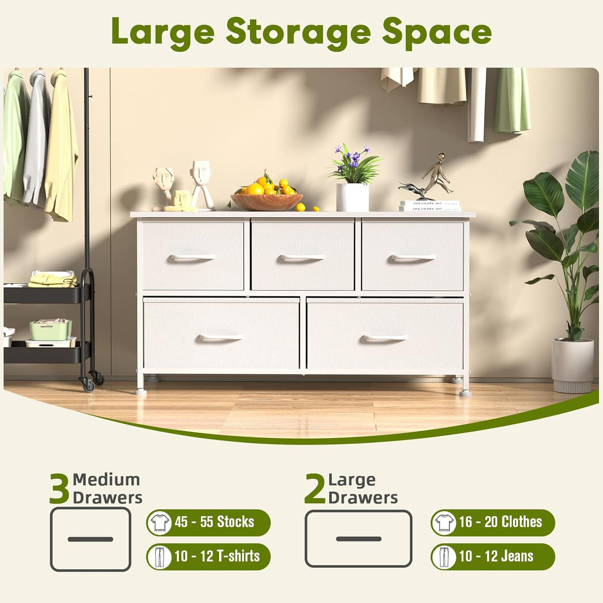 5 Drawers Dresser For Bedroom, Kidsroom Furniture, Wide Chest Of Drawers, Storage Organizer Units With Fabric Bins For Closet, White, Metal Frame, Waterproof Wood Top, Adjustable Feet White Wood