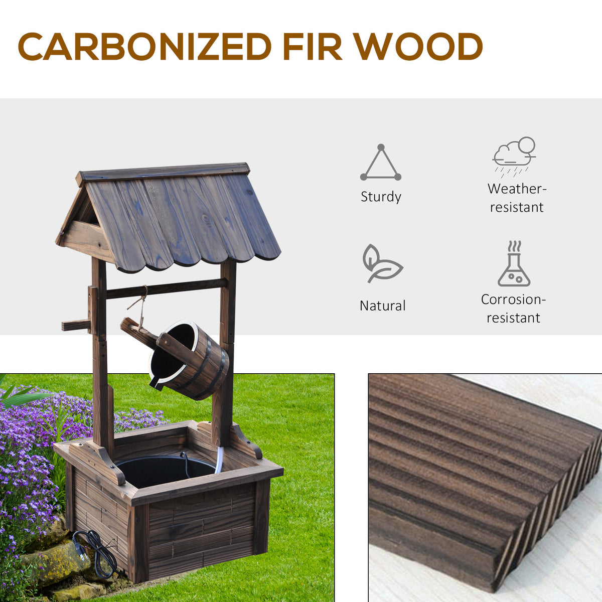 Outsunny Outdoor Wooden Wishing Well Fountain With Adjustable Water Flow Rate, Outdoor Rustic Waterfall Fountain With Electric Pump, Water Bucket, For Backyard Patio Garden Lawn, Carbonized Finish Brown Polypropylene