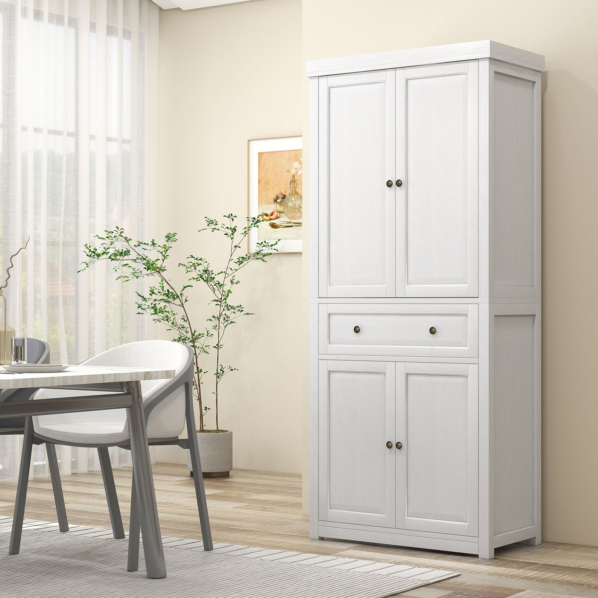 Homcom 72.5" Tall Farmhouse Kitchen Pantry Storage Cabinet, Freestanding Kitchen Cabinet With 4 Doors, Drawer And Adjustable Shelves For Dining Room, Distressed White White Mdf