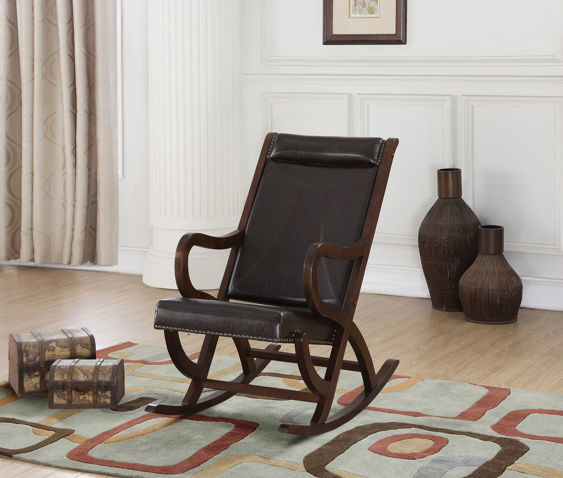 Espresso And Walnut Rocking Chair With Nail Head Trim Solid Espresso Primary Living Space Foam Rocking Chairs Solid Back Faux Leather