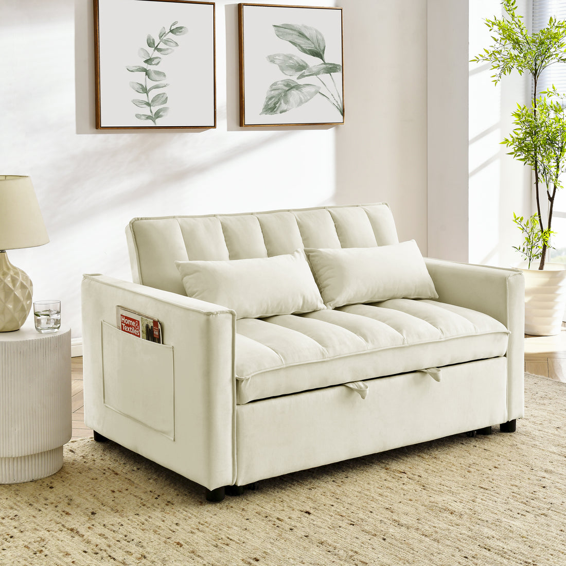 Modern Velvet Seat Sofa Couch Pull Out Bed,3 In One Convertible For Living Room Sofa Bed,Beige Beige Velvet Primary Living Space Cushion Back Medium Soft Medium Duty American Design Pillow Top Arms Foam Velvet 2 Seat