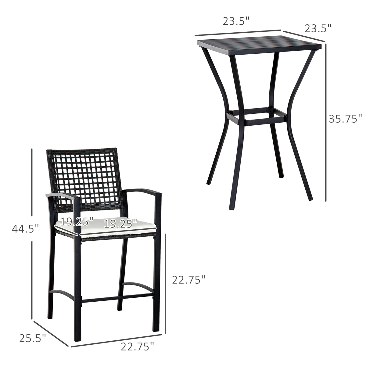 Outsunny 3Pcs Patio Bar Set With Soft Cushion, Rattan Wicker Outdoor Furniture Set For Backyards, Lawn, Deck, Poolside Black Steel