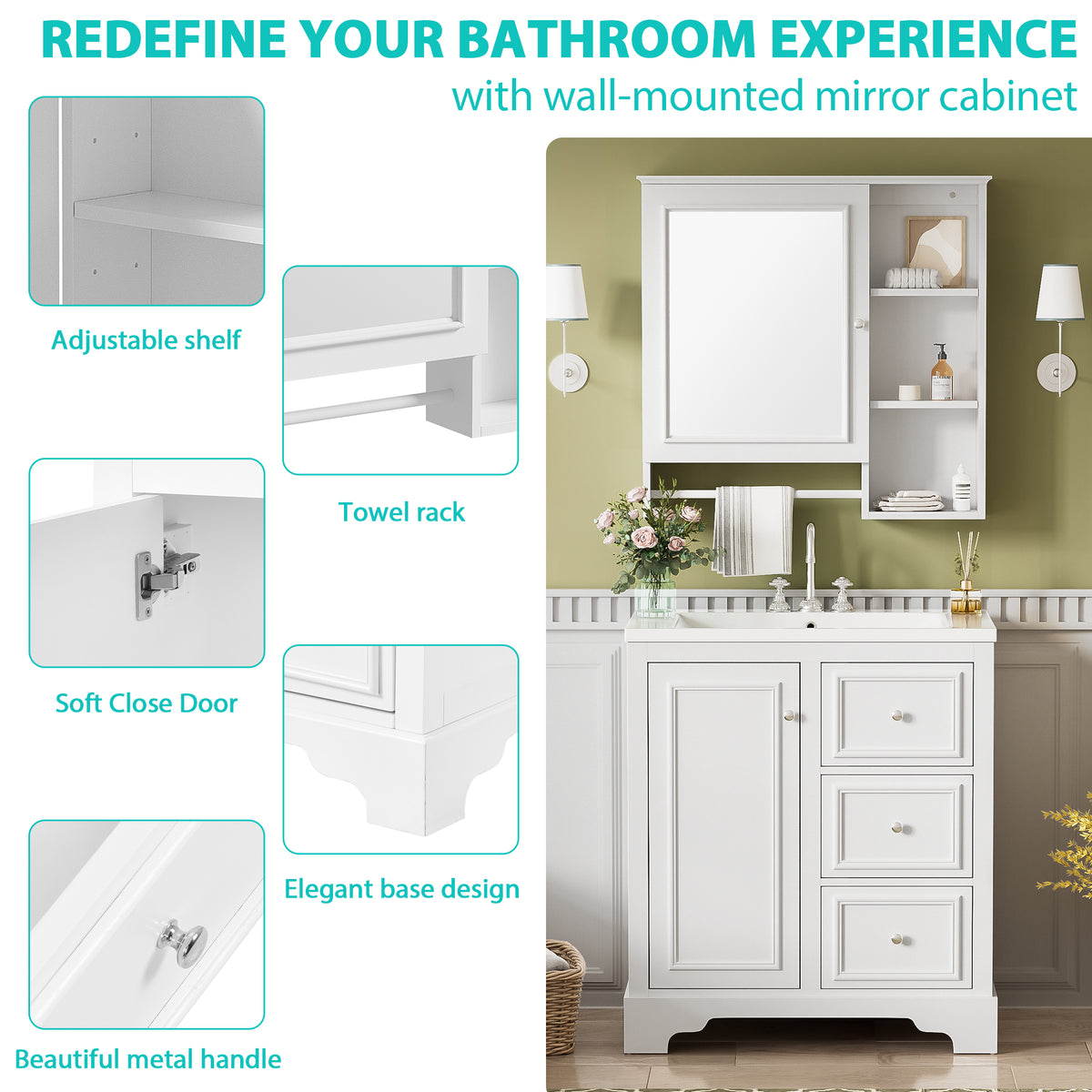 30 Inch Bathroom Vanity With Sink, Modern Elegant Bathroom Storage Cabinet With 3 Drawers And Adjustable Shelves, Freestanding Vanity Set With Mirror Cabinet, Single Sink Bathroom Vanity White Bathroom Solid Wood Mdf Glass