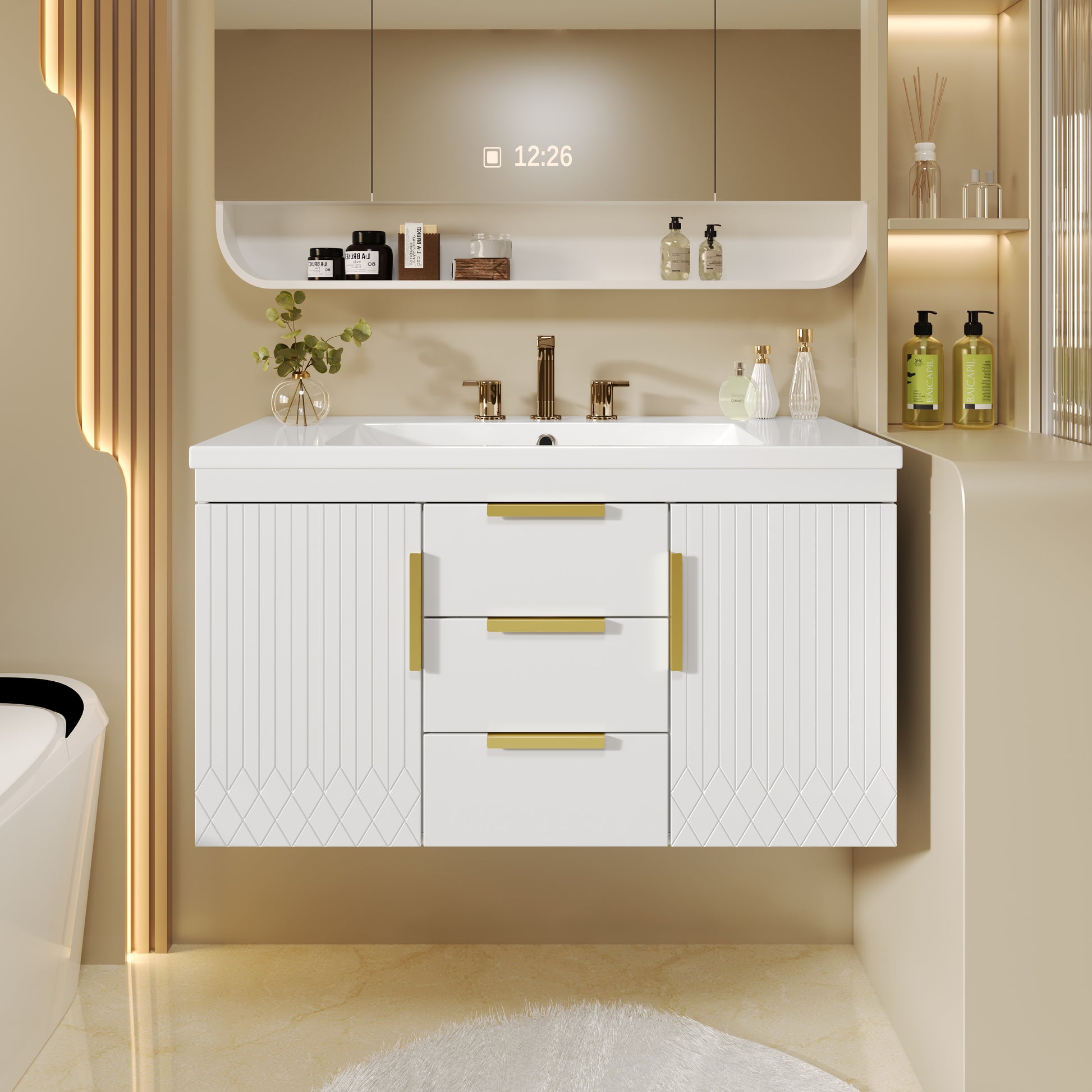 36'' Wall Mounted Bathroom Vanity With Resin Sink, Floating Bathroom Storage Cabinet With 2 Drawers, Solid Wood Bathroom Cabinet White Bathroom Modern Mdf