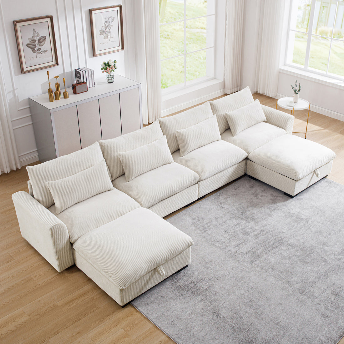 Big Deep Seat U Shaped Corduroy Sectional Couches For Living Room, 4 Seater Sofa Couch With 2 Storage Footstool And 4 Waist Pillows Corduroy, Beige Beige Corduroy 4 Seat