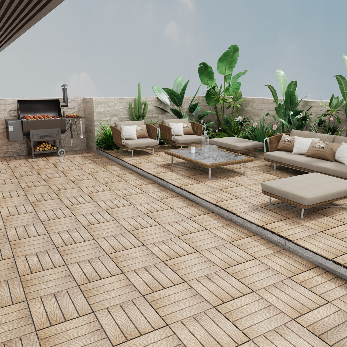 Patio Floor Tiles Pack Of 22 Wpc Wood Plastic Composite Patio Deck Tiles Diy Interlocking Decking Tiles, Quick Deck Floor Tile, Court Tile, Water Resistant Indoor Outdoor 11.8" 3D Teak Teak Plastic