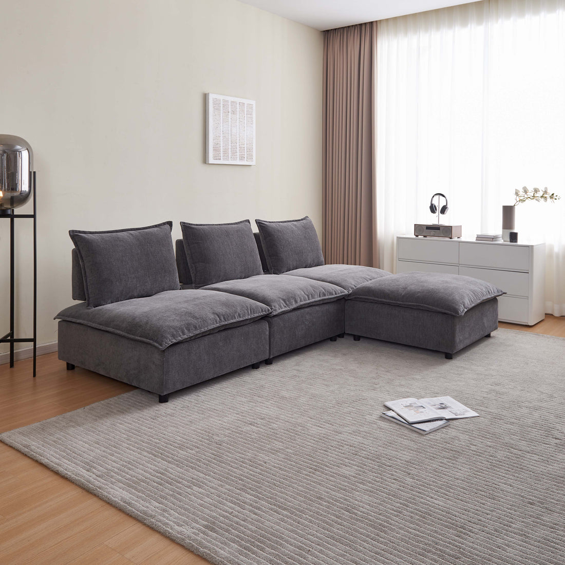 Modern Armless L Shaped Sectional Sofa Couch With Ottoman Modular Design, Durable Construction, Easy Care Upholstery For Living Room, Apartment, Office, Small Space Gray Wood Medium Soft Chenille 4 Seat