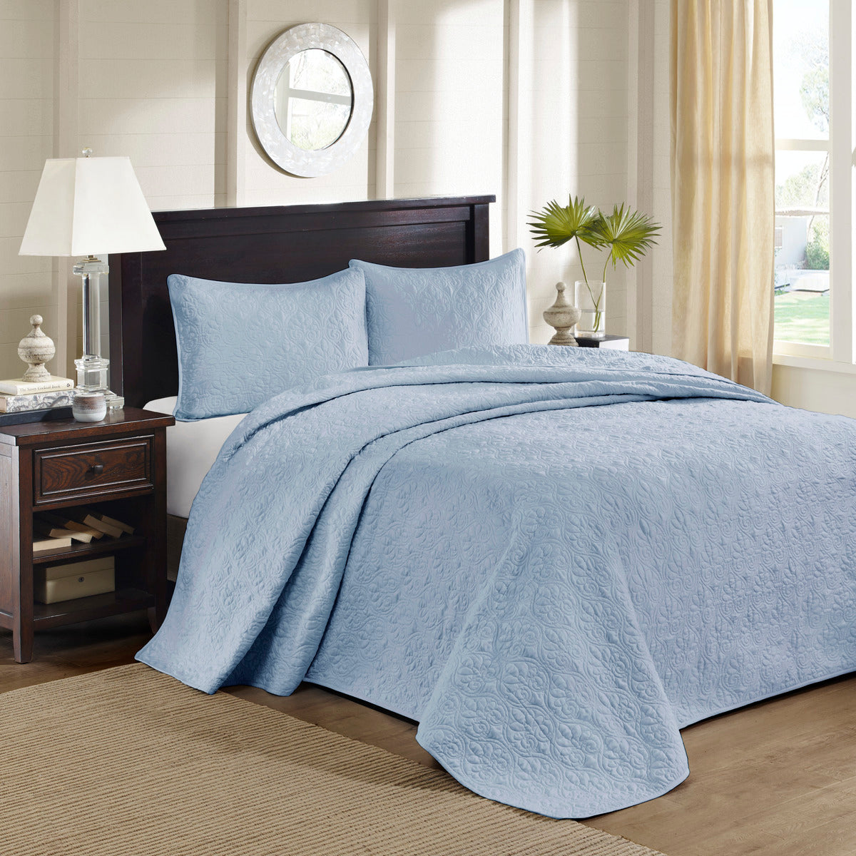Reversible Bedspread Set Blue Queen Blue Cotton