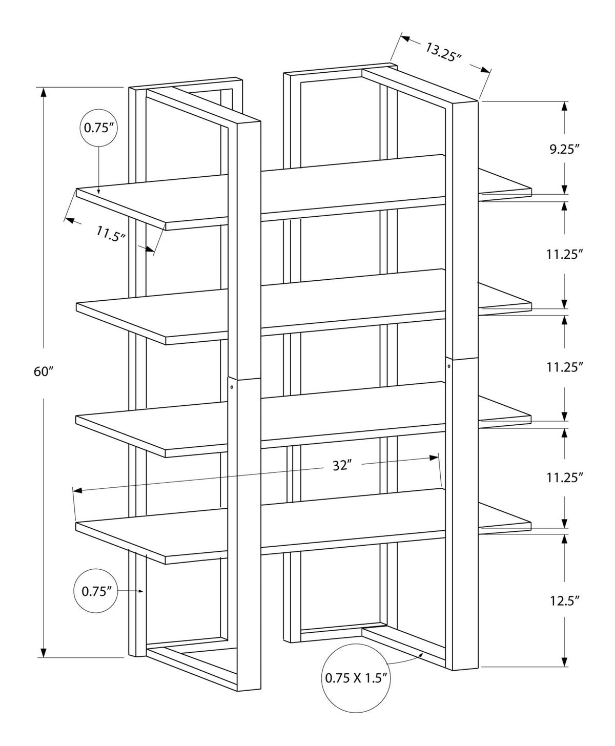 Bookshelf, Bookcase, Etagere, 4 Tier, 60"H, Office, Bedroom, Brown Laminate, Black Metal, Contemporary, Modern Taupe Mdf
