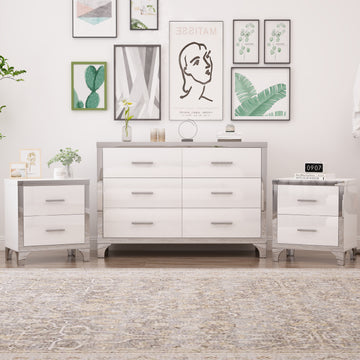 3 Pieces Sets,Dresser And Two Nightstands With Metal Handles And Mirror Decoration, Elegant And Subtle,White White 3 Piece Set Mdf