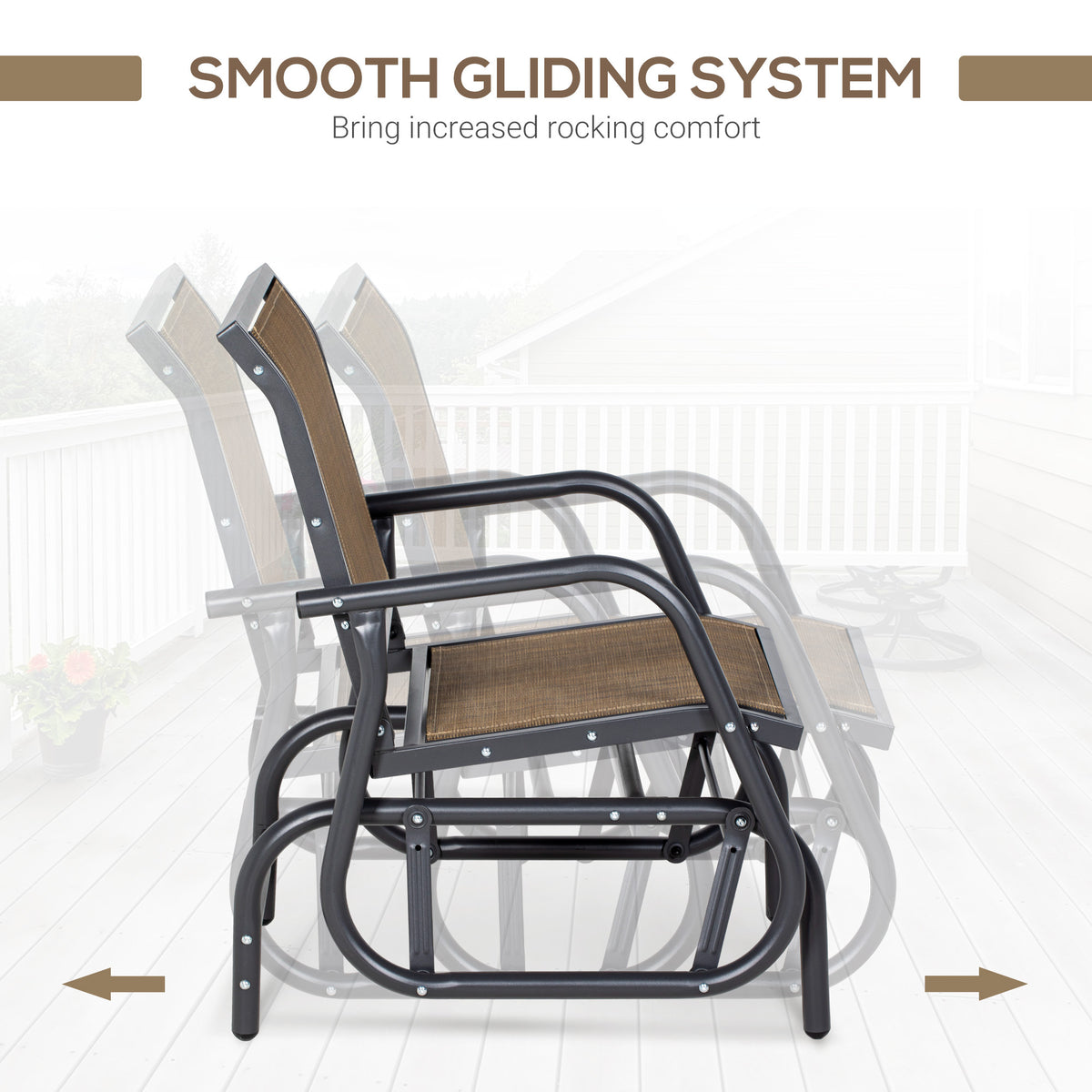 Outsunny Porch Glider, Metal Frame Swing Glider Chair Withmesh Fabric, Curved Armrests And Steel Frame For Garden, Poolside, Backyard, Balcony, Light Mixed Brown Brown Fabric Metal