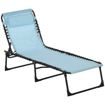 Outsunny Folding Chaise Lounge Pool Chair, Patio Sun Tanning Chair, Outdoor Lounge Chair W 4 Position Reclining Back, Pillow,Mesh & Bungee Seat For Beach, Yard, Patio, Baby Blue Blue Steel