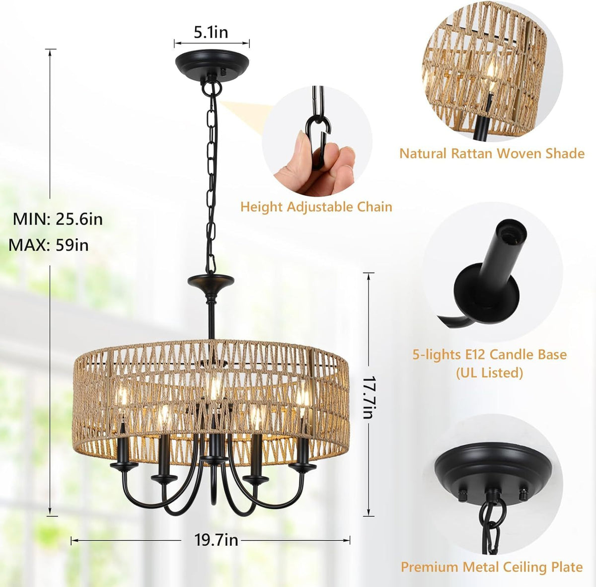 Modern Farmhouse Chandelier Light Fixtures, 5 Lights Large Rattan Pendant Lighting With Hand Woven Wicker Shade, Boho Black Chandeliers For Dining Room Living Room Kitchen Island Bedroom Brown Rattan Metal