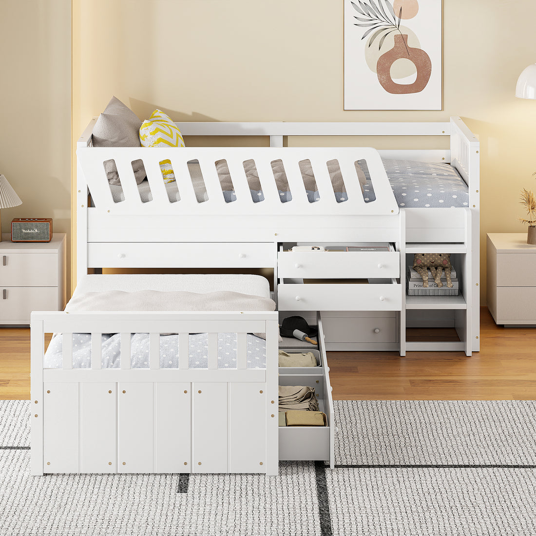 L Shaped Space Saving Twin Loft And Twin Platform Bed With 7 Drawers And Full Guardrails White Twin White Solid Wood