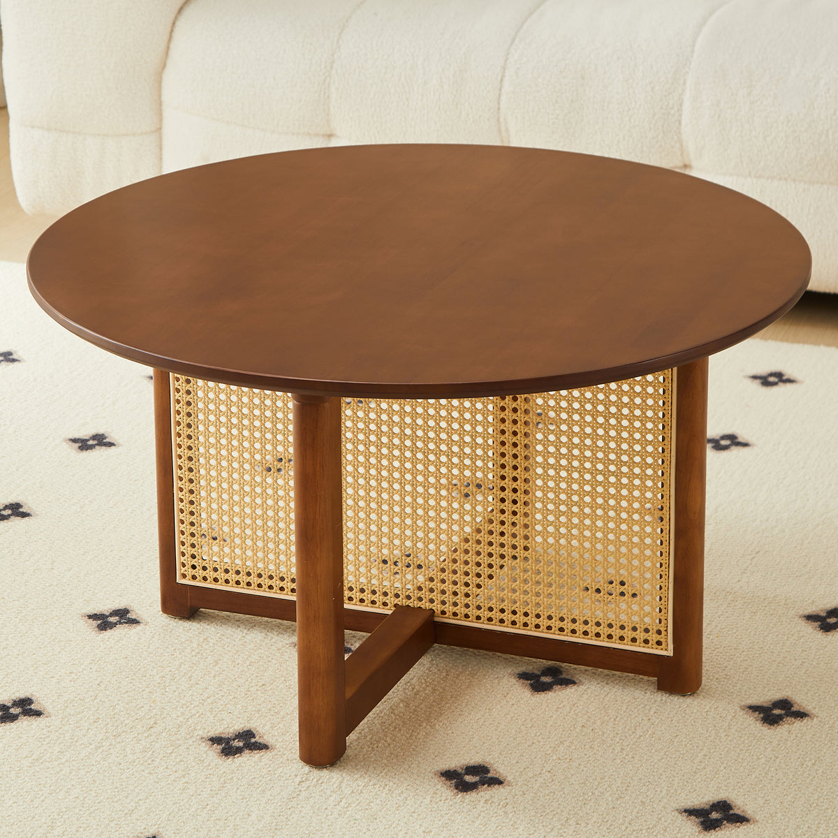 Mid Century Wooden Coffee Table With Pe Cane Stand, 31.5 Inch Round Solid Wood Bohemian Style Coffee Table, Unique Central Cocktail Table For Living Rooms, Apartments And Offices Walnut Rubber Wood