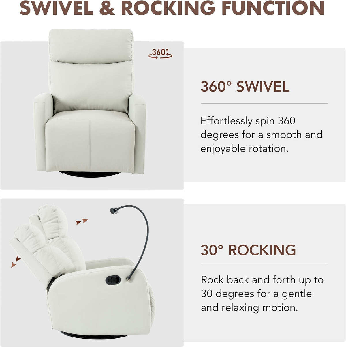 Rocking Recliner Chair,360 Degree Swivel Nursery Rocking Chair,Glider Chair,Modern Small Rocking Swivel Recliner Chair For Bedroom,Living Room Chair Home Theater Seat,Phone Holder Light Gray Solid Light Brown Primary Living Space Push Button Rubberwood