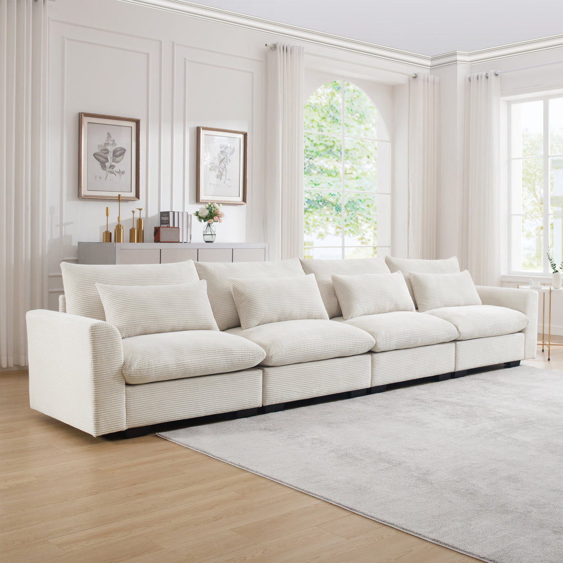 4 Seater Deep Seat Couches For Living Room, Comfy Beige Corduroy Sofas For Living Room Modern With 4 Waist Pillows Beige Corduroy 4 Seat