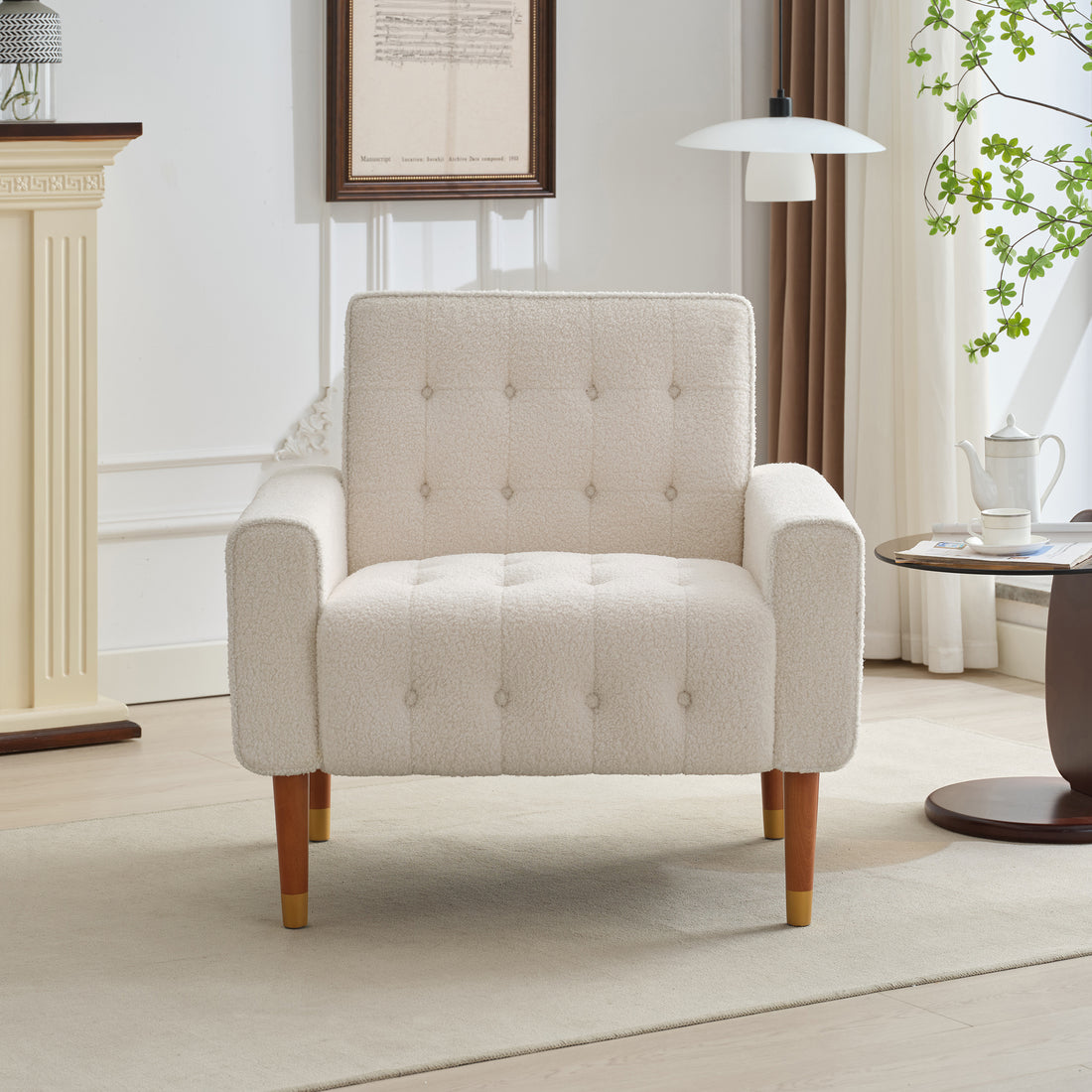 Mirod Classic Biscuit Style Accent Chair Comfortable Armrests, Soft Fabric, Elegant Solid Wood Legs With Gold Finish, Easy Assembly Beige Boucle