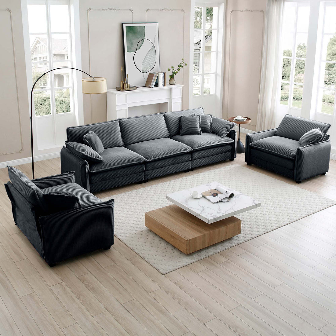 Warm And Cozy Sofa Set With Soft Cushions And Pillows, Home Theater Style Sofa Set Consisting Of A 3 Seater Sofa And Two Single Sofas Ingrey Corduroy Fabric Grey Corduroy 5 Seat