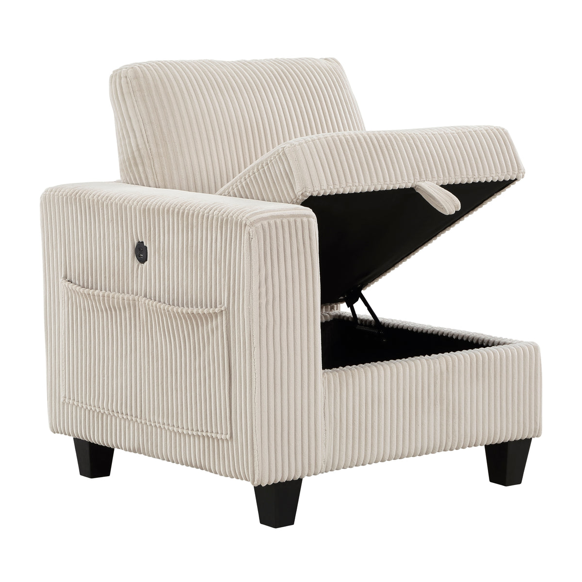 Modern Living Room Furniture 1Pc Beige Chair With One Arm, Storage Pouch And Charging Ports Corduroy Fabric Upholstery Beige Primary Living Space Contemporary,Modern Solid Wood
