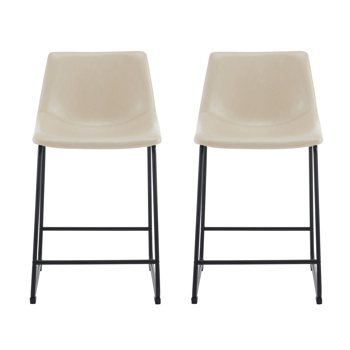 Set Of 2 Vintage Style 24 Inch Armless Industrial Faux Leather Counter Stool With Metal Legs And Footrest For Kitchen Island, Cafe, Pub, Bar Counter, Cream And Black Iron Black Cream Dining Room Powder Coated Foam Wipe Clean Square Vintage Solid Back Set