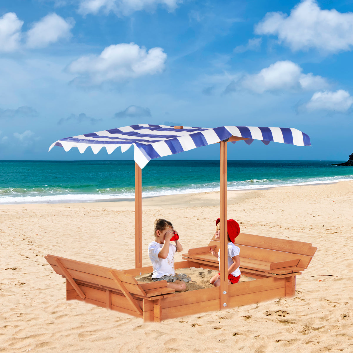 Kids Sandbox With Adjustable Cover, 46'' Wooden Sand Box With 2 Foldable Bench Seats, Outdoor Sandpit For Backyard Play Light Brown Solid Wood