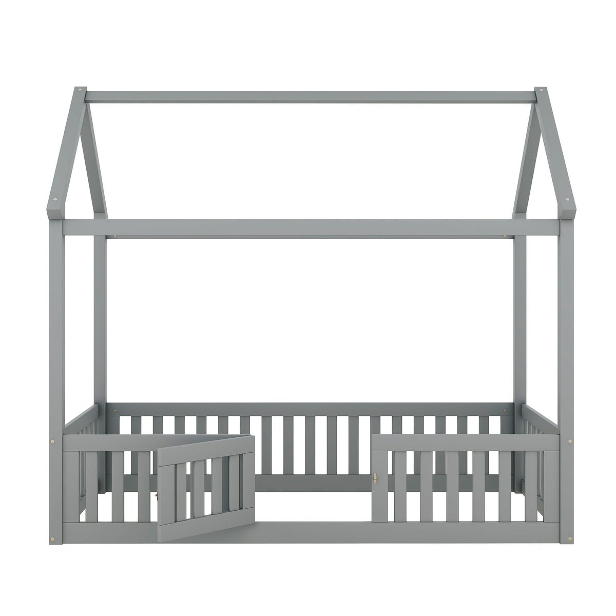 Twin Size Wood House Bed With Fence And Door, Gray Old Sku: Wf303131Aae Box Spring Not Required Twin Gray Wood Bedroom Bed Frame Pine