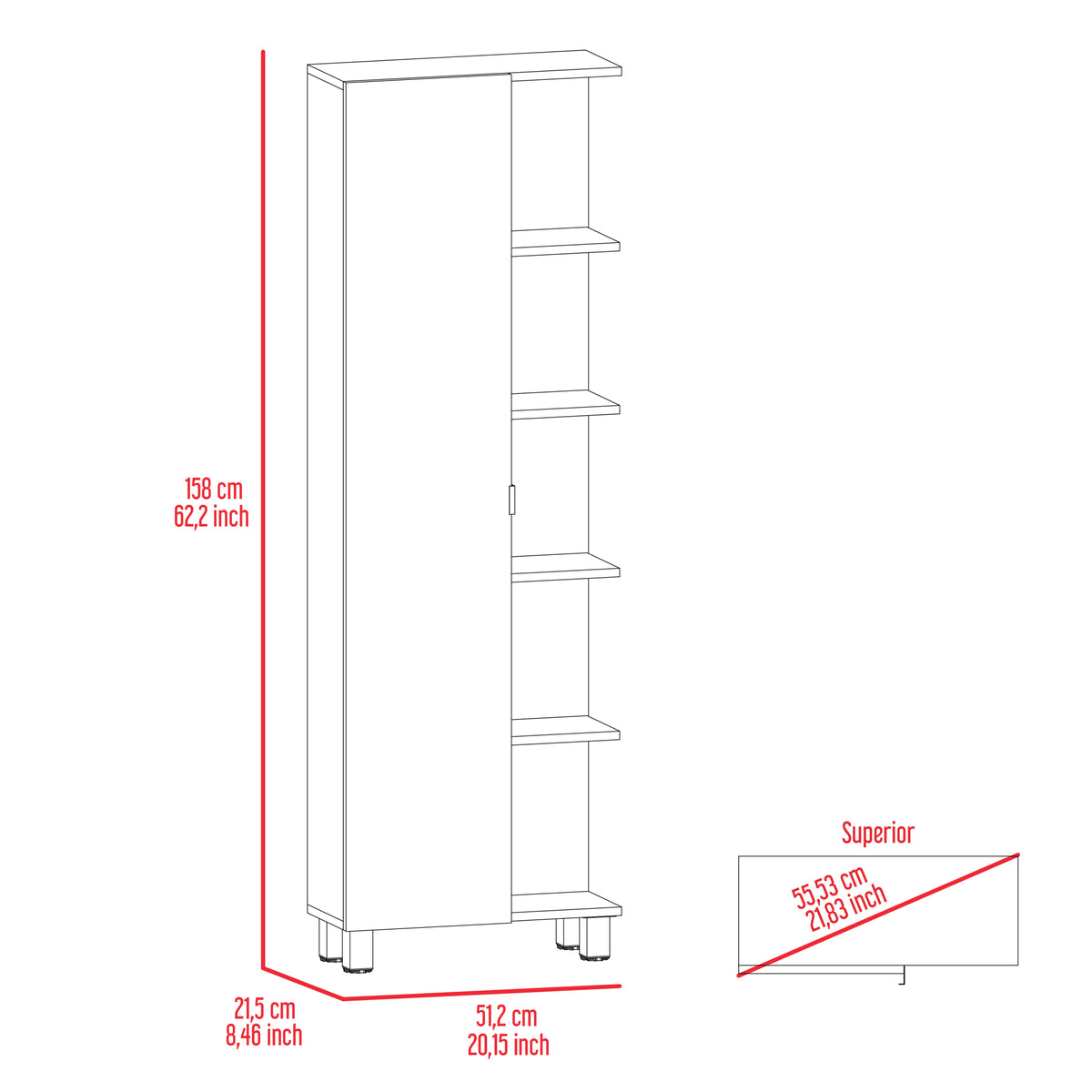 Los Angeles Corner Cabinet, Five Shelves, One Cabinet, Divisions Beige 1 5 18 To 23 In 60 In & Above Bathroom Freestanding Contemporary 5 10 Inches Melamine Particle Board