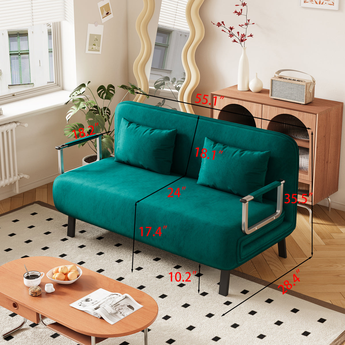 Velvet Antique Green 55 Convertible Chair Bed, Tri Fold Sofa Bed With Adjustable Backrest & Pillow, Leisure Chaise Lounge Couch With Sturdy Steel Frame For Home & Office, Comfortable Sleeper Chair Antique Green Velvet Metal Primary Living Space Medium