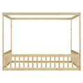 Full Size Canopy Frame Floor Bed With Fence, Guardrails,Natural Full Natural American Design Pine