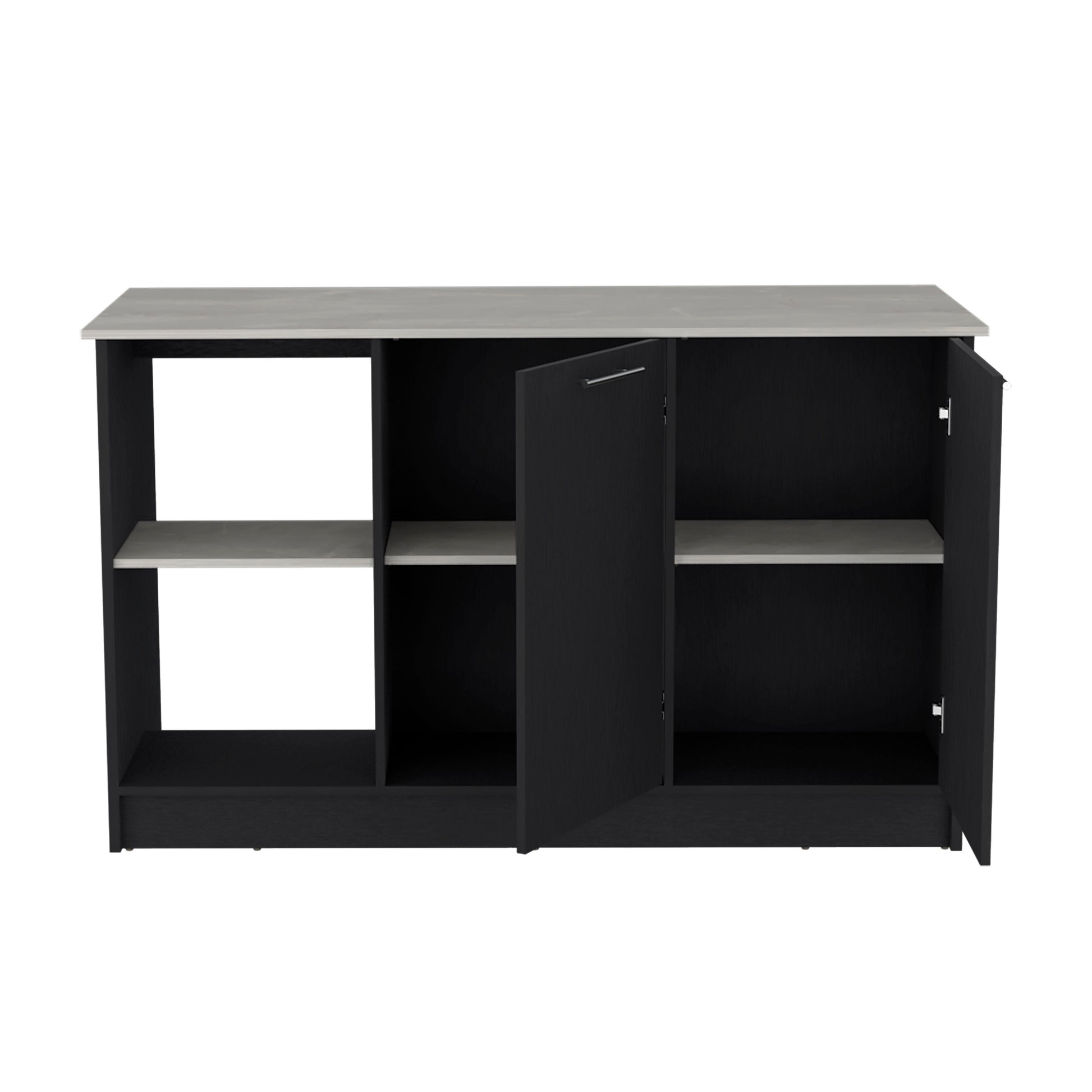 Kitchen Island With Large Countertop, Open Storage Shelves And Double Door Cabinet, Black Onyx Black Solid Wood Mdf Engineered Wood
