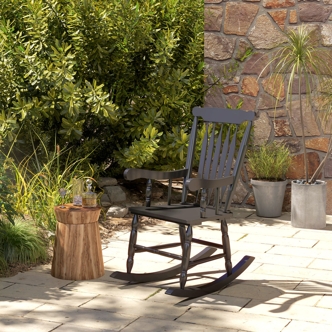 Outsunny Outdoor Wood Rocking Chair, 350 Lbs. Porch Rocker With High Back For Garden, Patio, Balcony, Black Black Wood