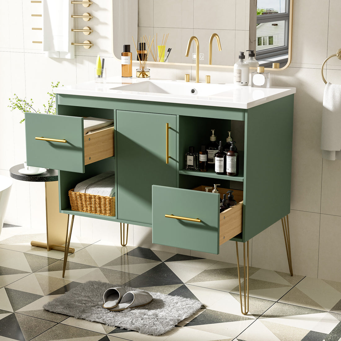 36'' Bathroom Vanity With Resin Sink Combo Set, Modern Freestanding Single Bathroom Cabinet With 2 Drawers & 2 Storage Compartments, Storage Cabinet For Bathroom, Solid Wood Frame Vanity Set, Green Green Bathroom Modern Mdf