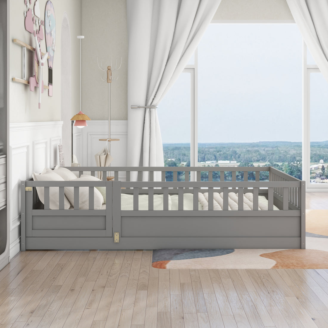 Full Size Floor Bed, Integral Construction With Super High Security Barrier, Door, Children'S Floor Bed Frame, Montessori Wooden Children'S Floor Bed, Support Slat Grey Box Spring Required Full Grey Wood Brown Bedroom American Design,Artsy Pine Bed Frame