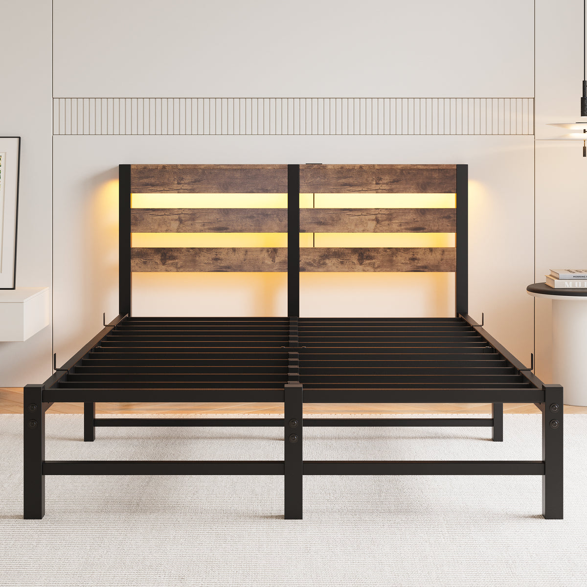 Full Size Metal Bed Frame With Wooden Headboard, Rgb Lights, Charger, Storage Shelf, Noise Free, No Box Spring Needed,Rustic Brown Box Spring Not Required Full Beige Brown Metal Brown Bedroom Bed Frame Metal & Wood