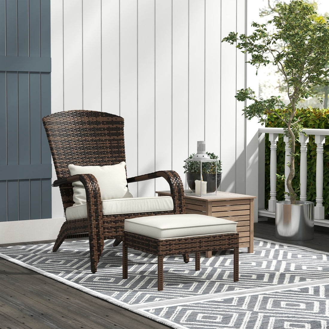 Outsunny Patio Wicker Adirondack Chair With Ottoman, Outdoor Fire Pit Chair With Cushions, High Back, Large Seat & Armrests For Deck, Garden & Backyard, Cream White White Steel