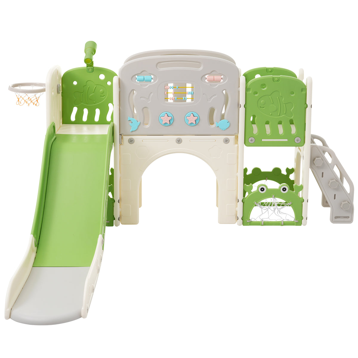 11 In 1 Toddler Slide, Kids Slide For Toddler Age 1 3 With Basketball Hoop, Kids Slide Playset Structure,Arch Tunnel And Telescope, Toy Storage Organizer For Toddlers, Kids Climbers Playground Green Cute 1 To 2 Years Hdpe Indoor & Outdoor Use