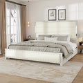 King Size Bed Frame With Upholstered Headboard And 4 Storage Drawersking Bed Frame With Charging Station And Led Lights, Wood Slats, Beige Faux Leather & Rivets, No Box Spring Needed Box Spring Not Required King Antique White Wood Bedroom Bed Frame Faux