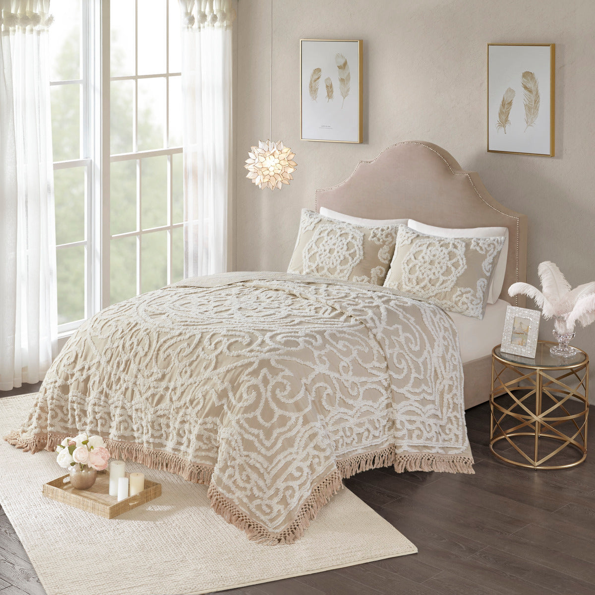 Tufted Cotton Chenille Medallion Fringe Coverlet Mini Set Taupe King Cal King King Taupe Cotton