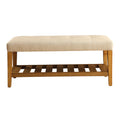 Beige And Oak Tufted Padded Seat Bench Beige Brown Bedroom Beige Contemporary Shelves Wood Fabric