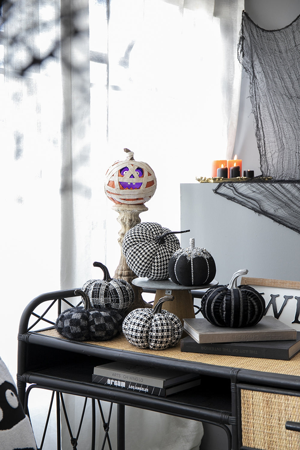 7X7X7.5" Fabric Pumpkin Decor, For Holiday Halloween Decoration Black,White Polyester