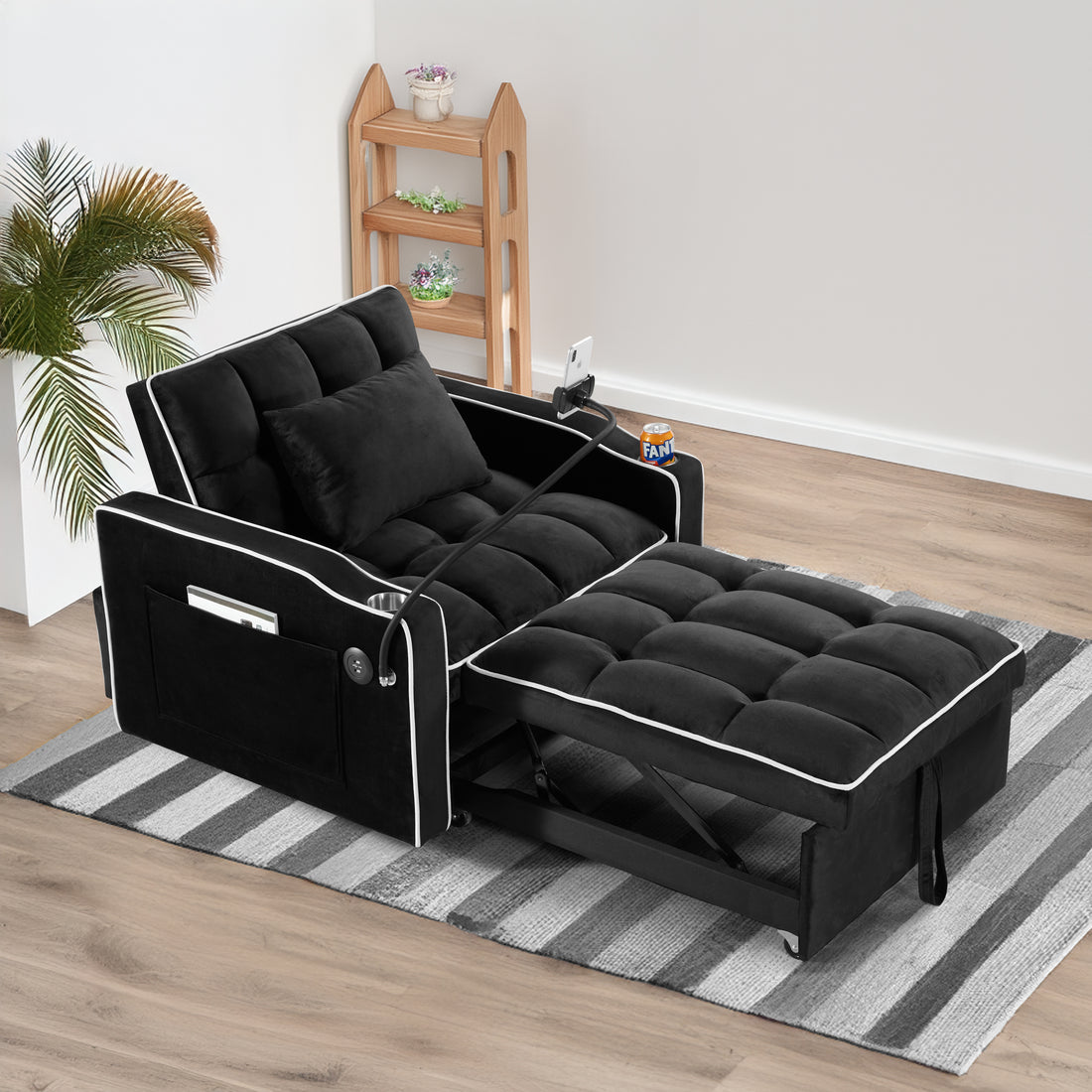 Convertible Sleeper Chair Sofa Bed Adjustable Pull Out Sleeper Chair Bed Multi Pockets Folding Sofa Bed For Living Room Bedroom Small Space,3 In 1 Sofa Bed, Black Black Velvet 1 Seat