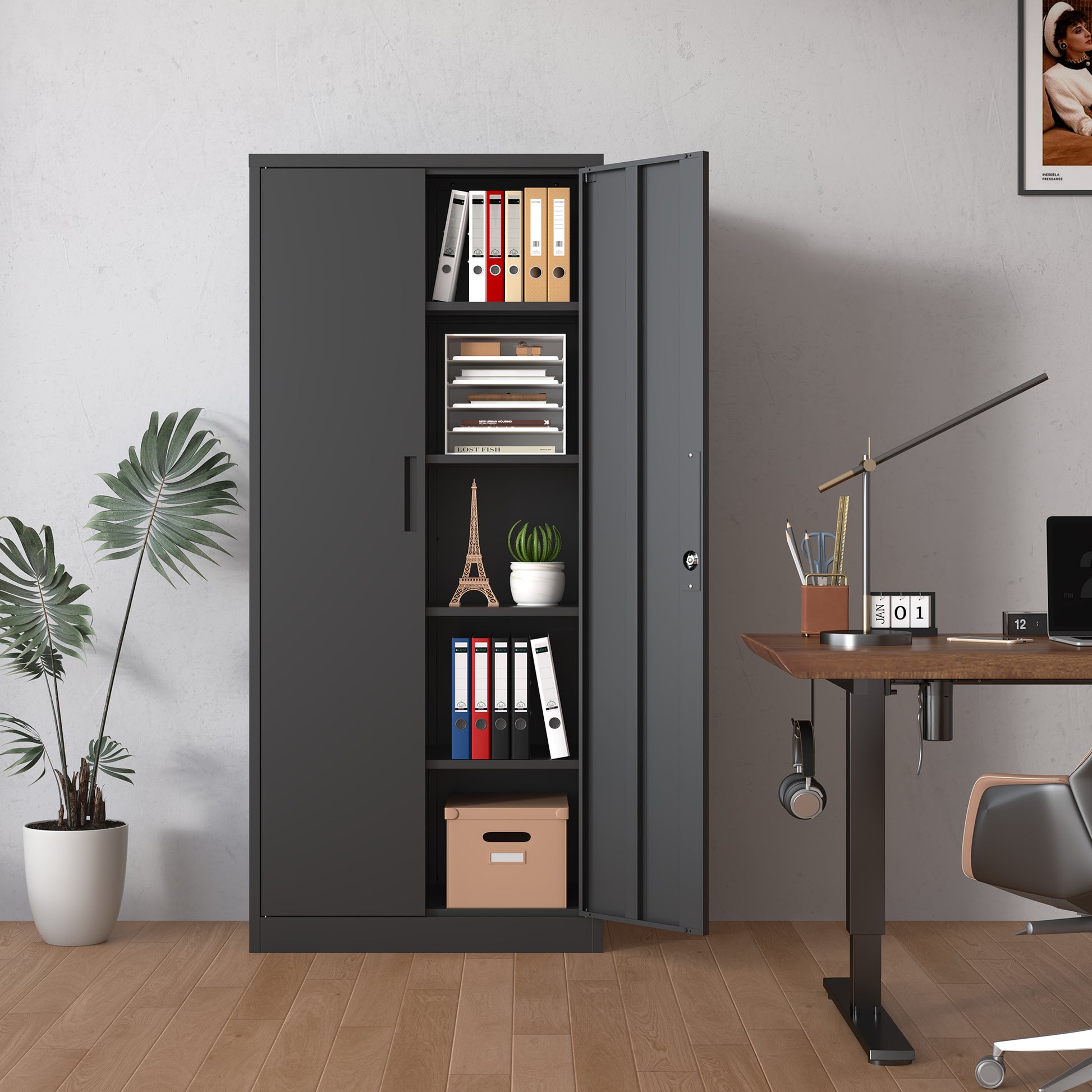 72"H Metal Garage Storage Cabinet, Black Tool Steel Locking Cabinet With Doors And 4 Shelves, Tall Cabinets For Garage Storage Systems Lockable File Cabinet For Home Office, Classroom Pantry Filing